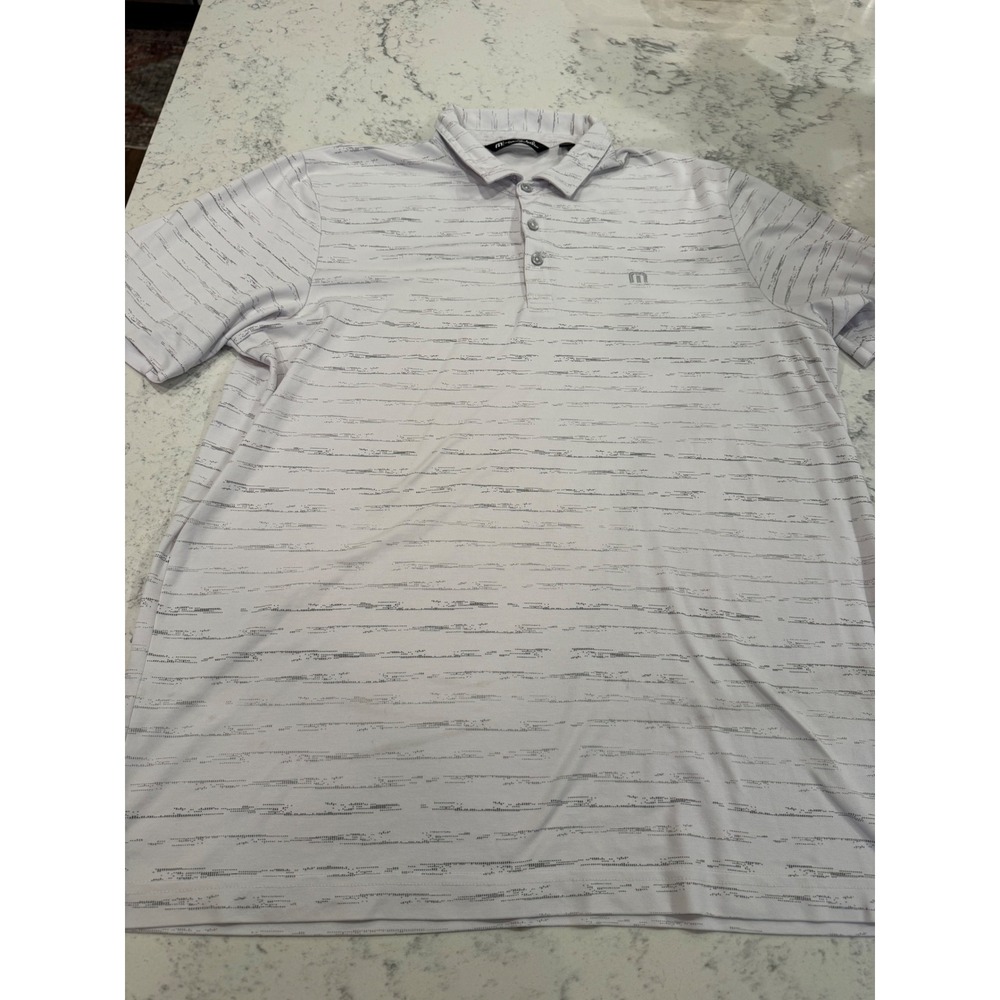 TravisMathew Mens XL Grey White Striped Golf Polo Shirt Shadow Hawk Logo